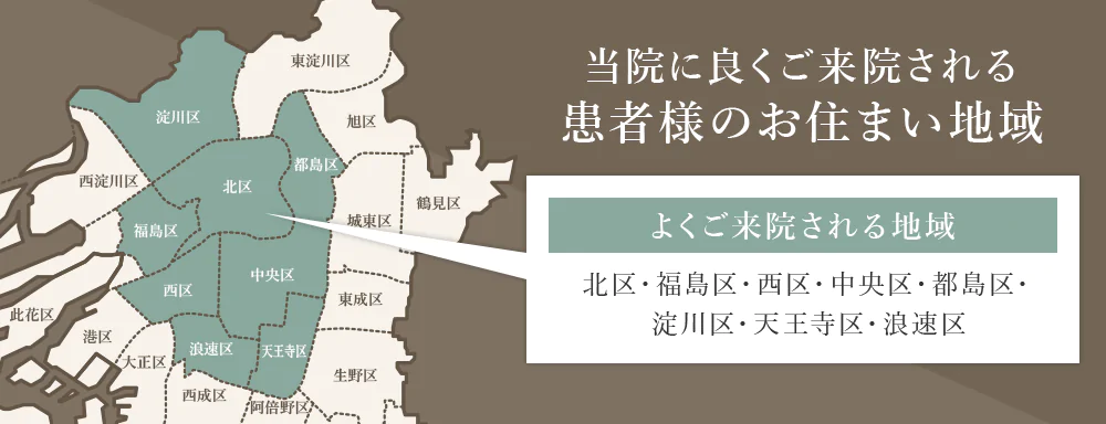 当院に良くご来院される患者様のお住まい地域 よくご来院される地域 北区・福島区・西区・中央区・都島区・ 淀川区・天王寺区・浪速区